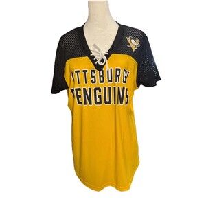 G3 Carl Banks NHL Womens Pittsburgh Penguins Jersey Top XL Mesh Tie Neck Closure
